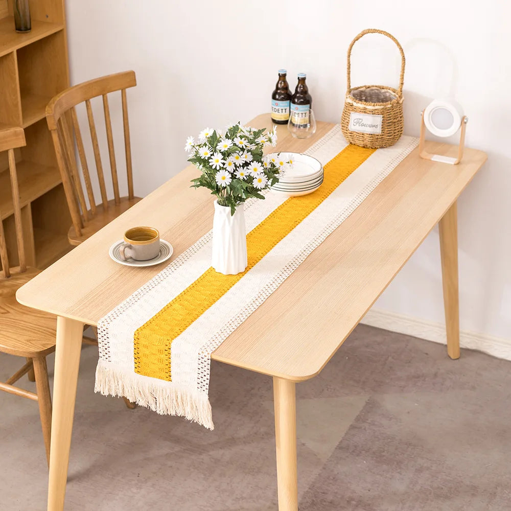 Plaid cotton and linen table runner for dining room