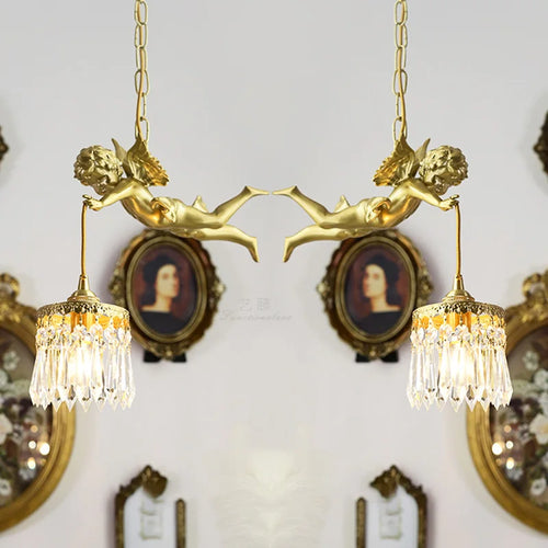 Modern LED chandelier with medieval crystal angel in bronze - vue 3 sur 11