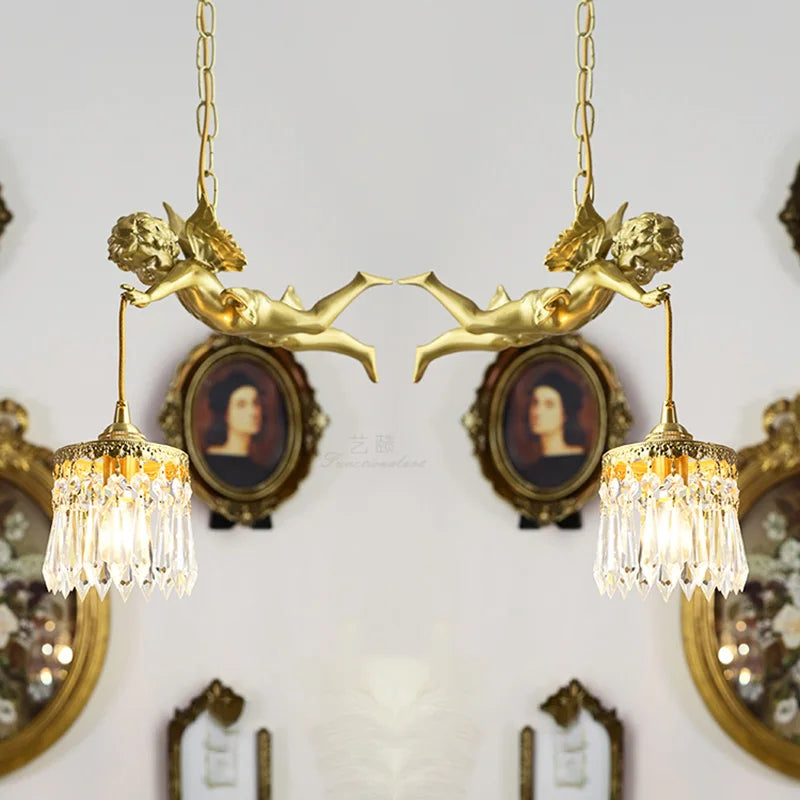 Modern LED chandelier with medieval crystal angel in bronze