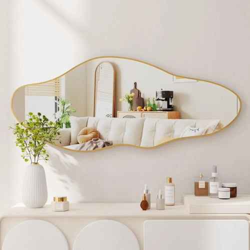 asymmetrical wall mirror with gold frame for interior decoration - vue 3 sur 8