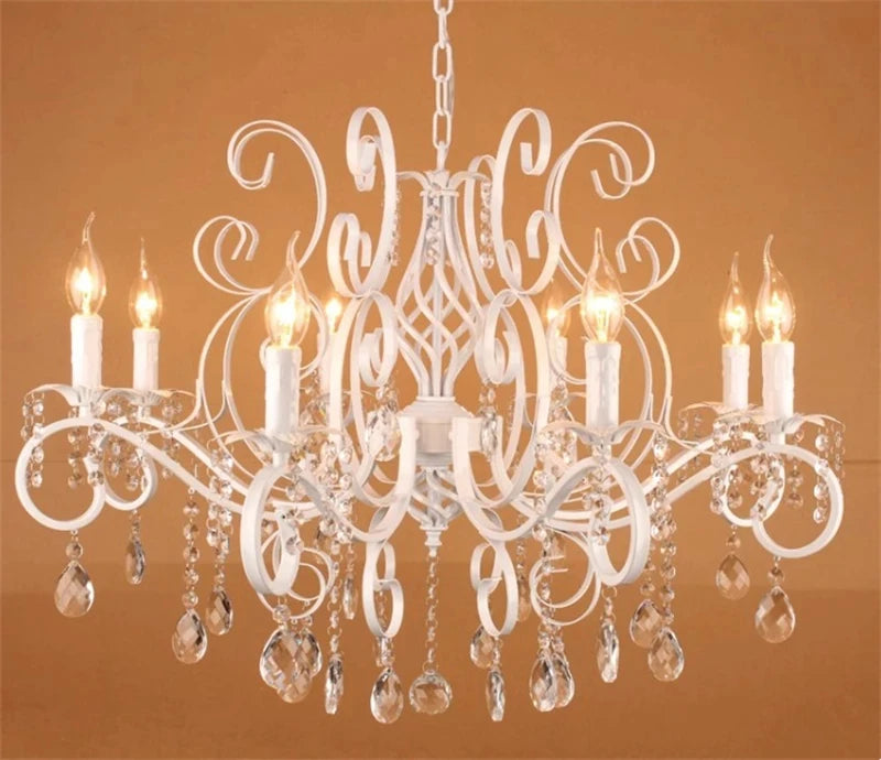 Vintage white iron chandelier with crystal pendants for interior decoration