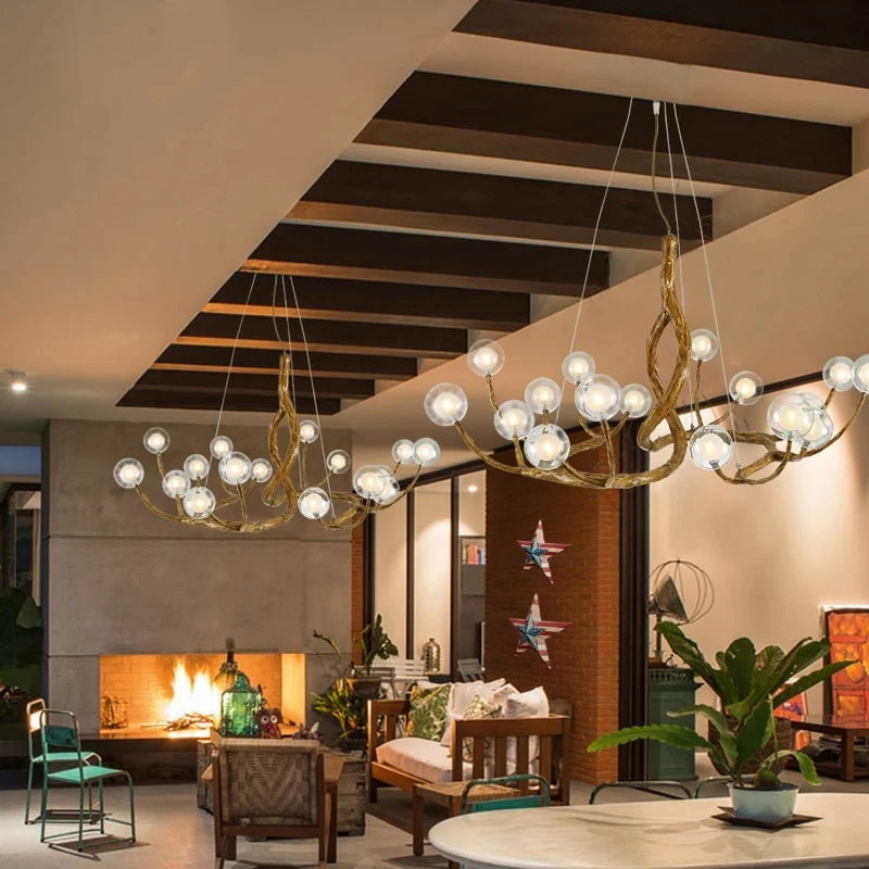 Designer branch-effect resin chandelier with glass ball - vue 3 sur 9
