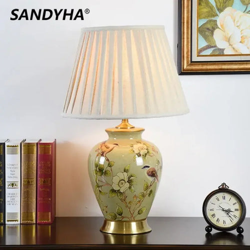 Nordic ceramic desk lamp with flower and bird pattern