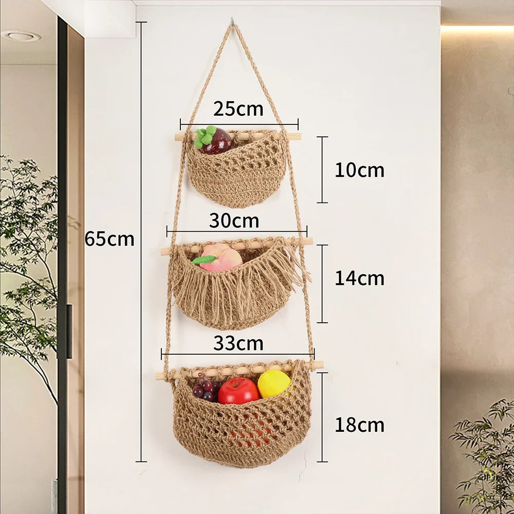 macrame hanging baskets set of three storage tiers - vue 5 sur 9