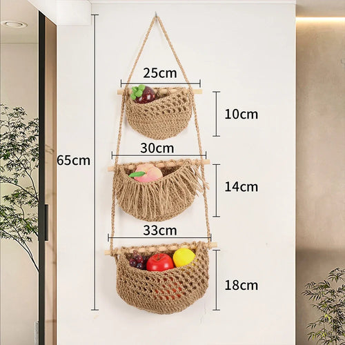 macrame hanging baskets set of three storage tiers - vue 6 sur 9