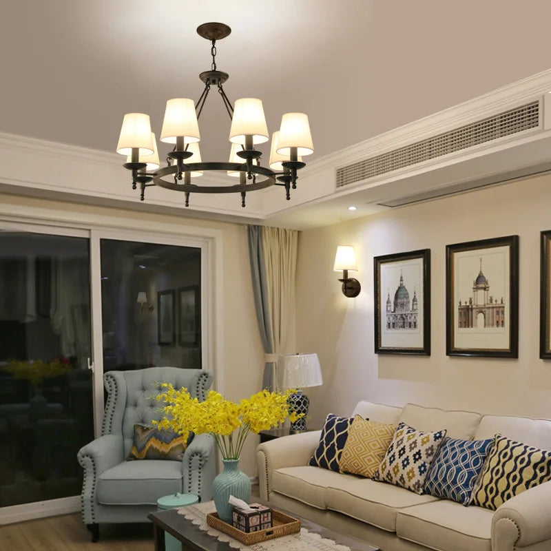 Retro iron pendant light with fabric lampshade