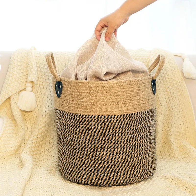 jute and cotton storage basket with handle