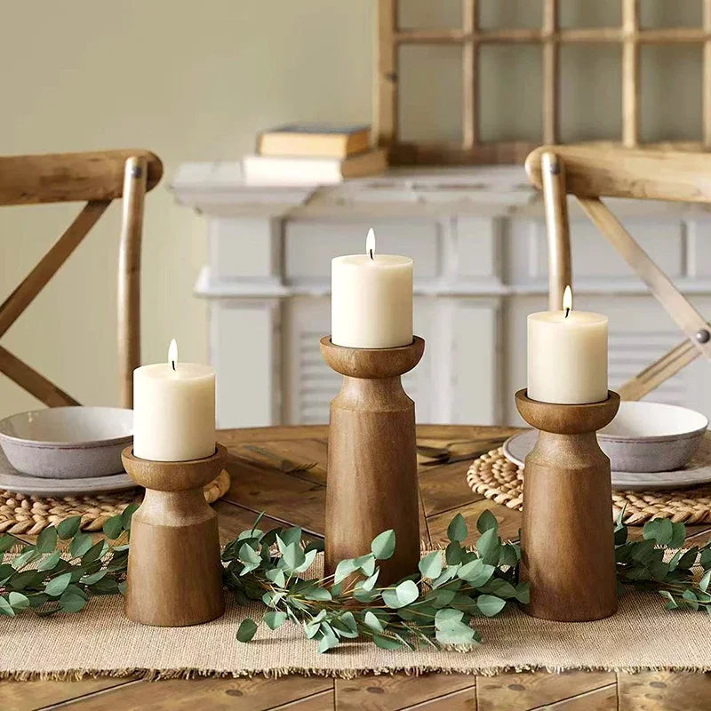 Set of 3 natural wood candle holders for retro wedding decor - vue 4 sur 6