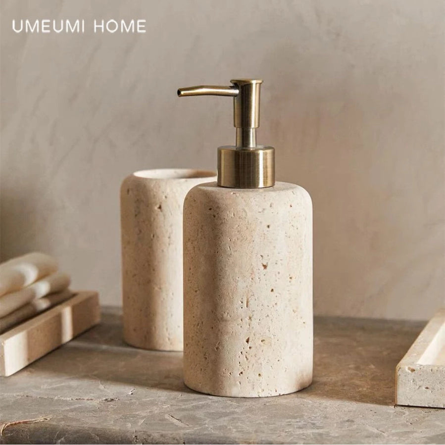 marble and travertine liquid dispenser with golden head