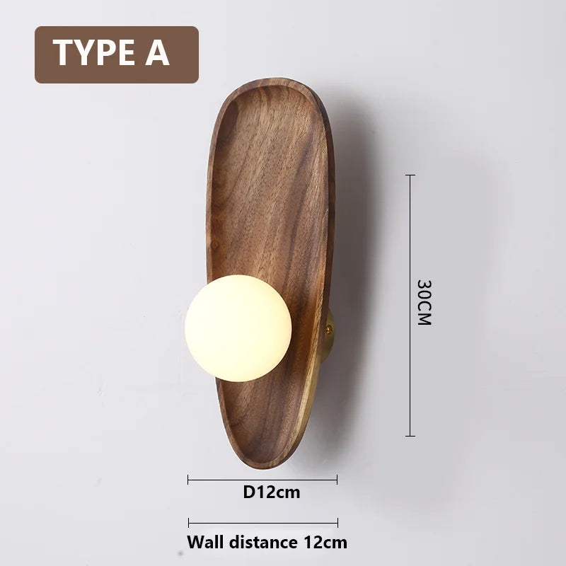 Natural wood wall light with vintage glass shade - vue 8 sur 8