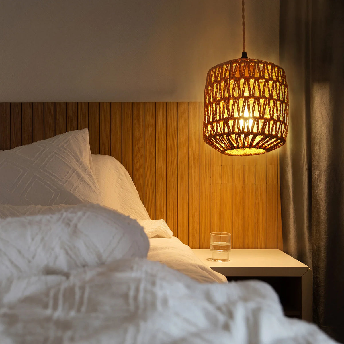 Retro woven rattan LED wall light with hemp rope
