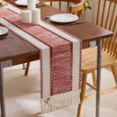 Green striped boho table runner with tassels