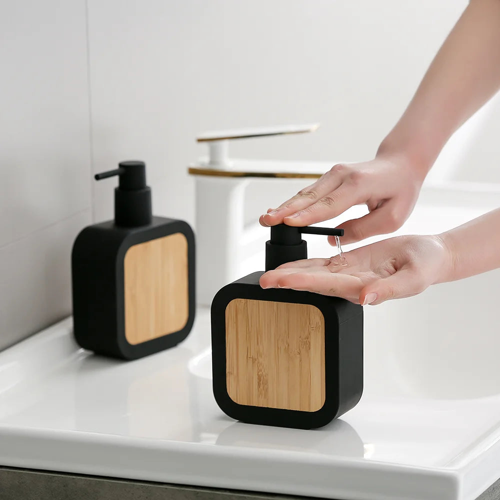 Elegant soap dispenser with bamboo decoration and rust-resistant pump