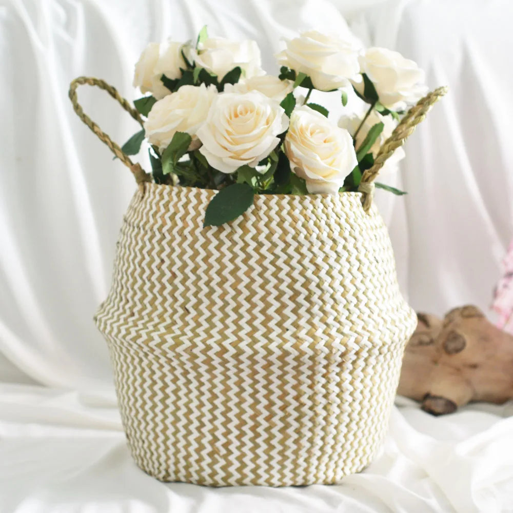 Foldable seaweed straw basket for storage and interior decoration