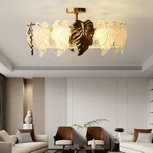 French vintage-style glass leaves LED ceiling light - vue 5 sur 9