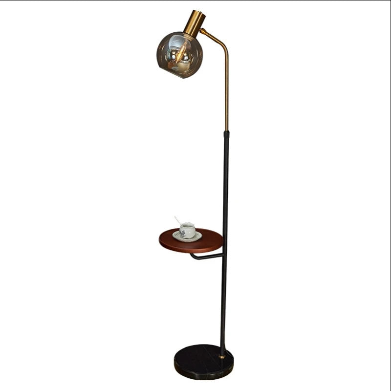 Modern LED floor lamp with amber glass, marble and wood base for living room, bedroom or reading, E27 bulb