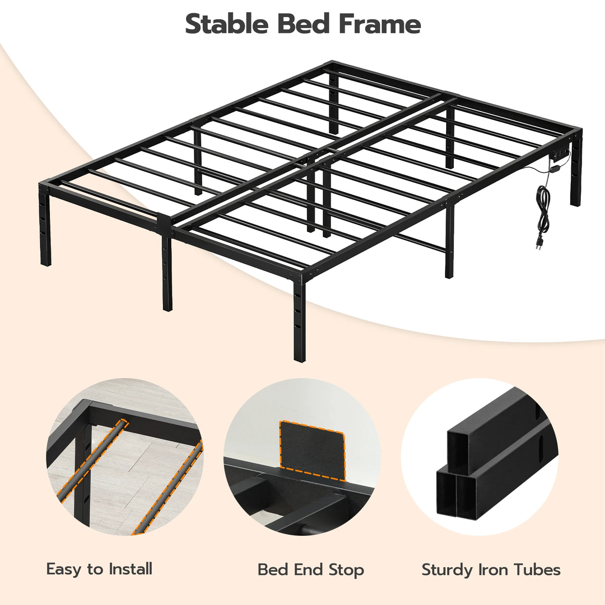 Wholesale Durable Bed Frames Queen Size Bed Base Full Size Double Twin Bedframe With LED Light Strip, Outlets And USB Ports - vue 6 sur 6