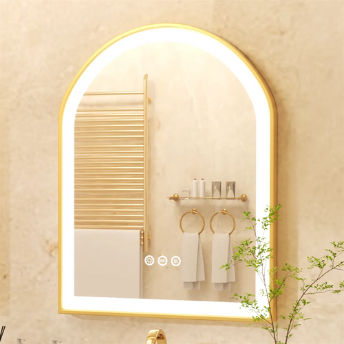 Gold anti-fog LED wall mirror with variable lighting and aluminium frame