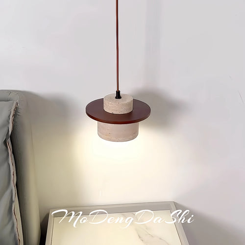 Japanese minimalist style LED pendant light in walnut and travertine - vue 4 sur 13
