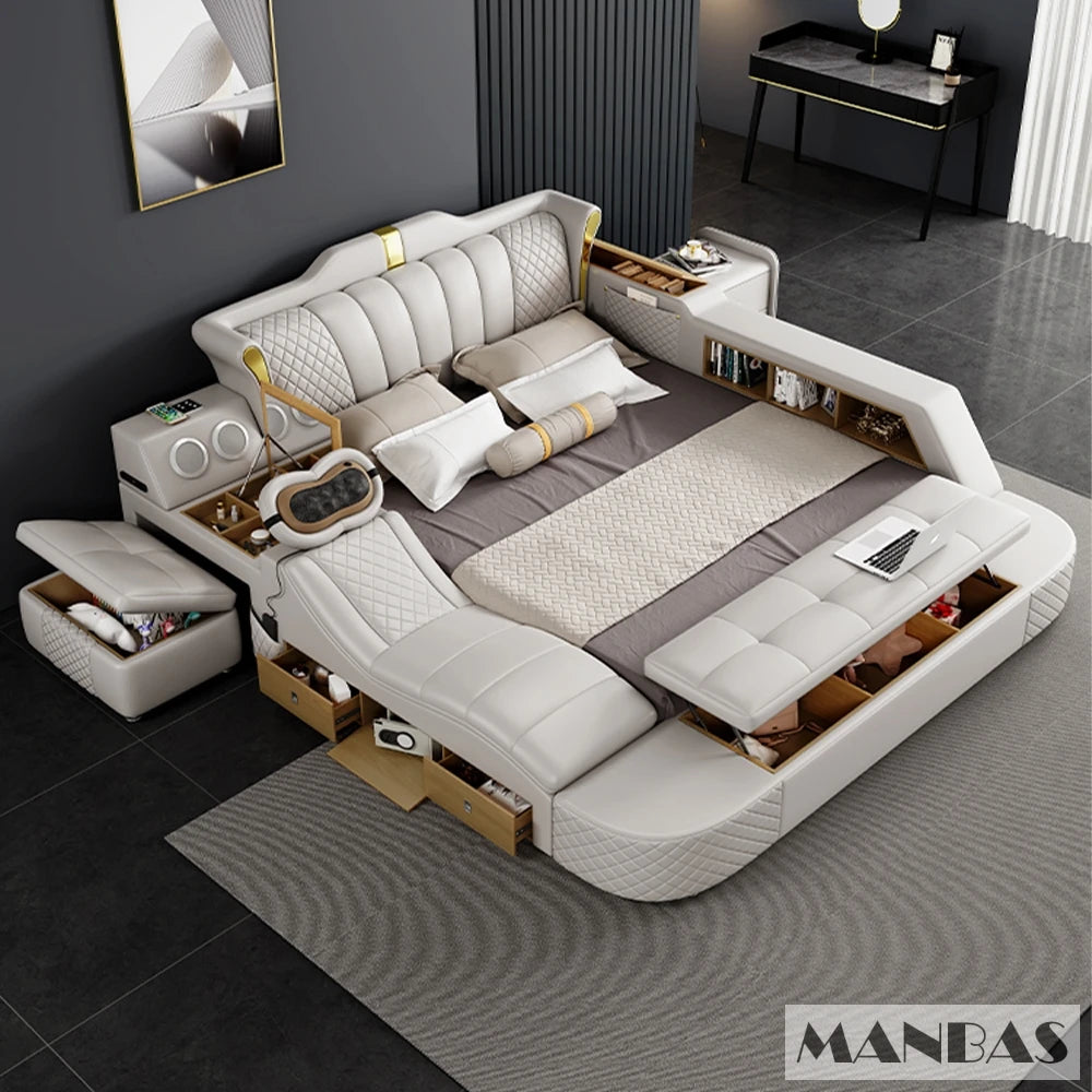 Tech Smart Bed 2 People with King Size Bed Frame Queen, Genuine Leather, Massage, USB, Bluetooth Speaker, and Safe By MINGDIBAO - vue 2 sur 8