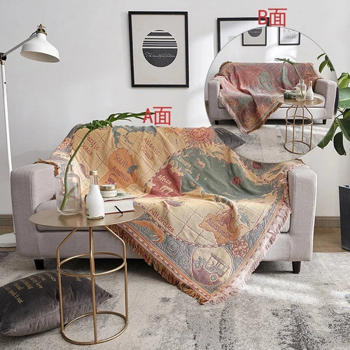 Knitted bohemian throw with world map motif for living room
