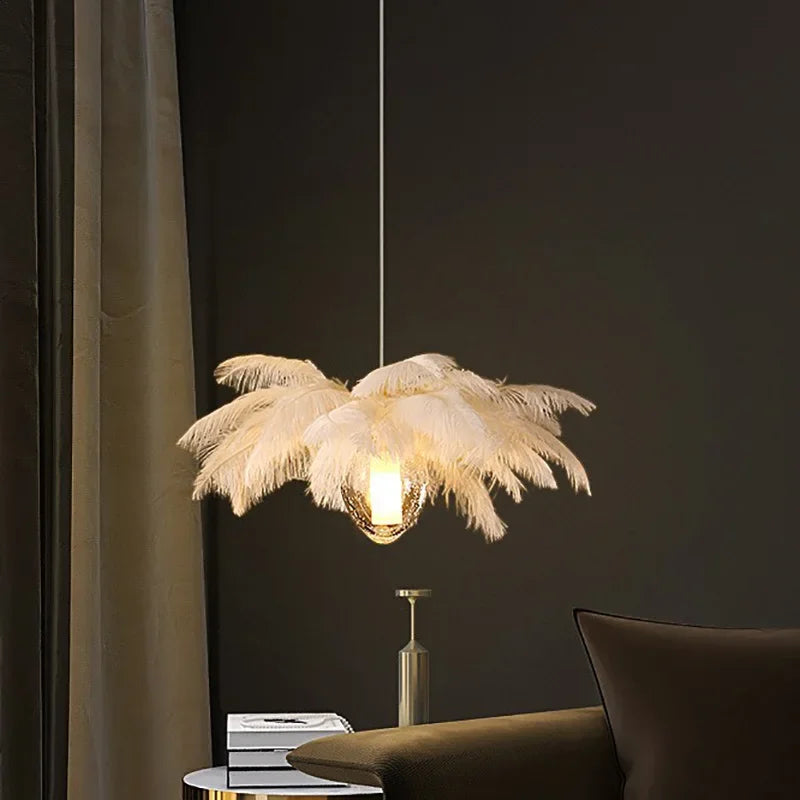 2024Staircase Feather Chandelier Ostrich Glass Design Pendant Chandelier Lighting Home Decor Suspend Luster Fixtures
