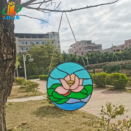 Decorative round lotus stained glass heart with tropical fish - vue 12 sur 11
