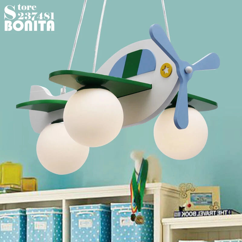 Wood and glass cartoon airplane pendant light for children