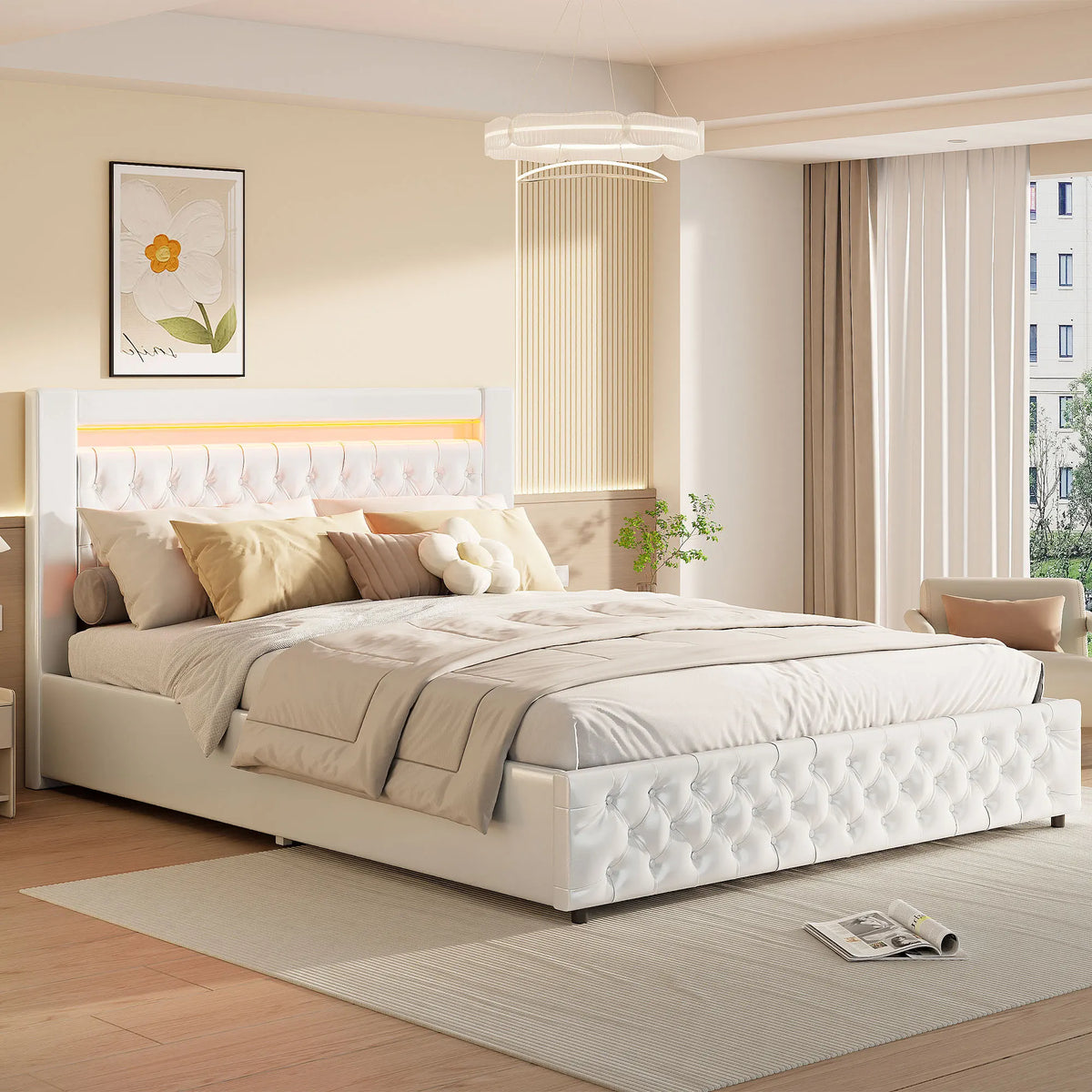 Upholstered Bed, Double Bed, PU Bedside Lamp, Hydraulic Functional Storage Bed, Headboard and Slatted Base, Padded Backrest - vue 1 sur 9
