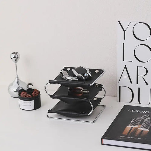 multifunctional leather and stainless steel storage rack - vue 5 sur 12