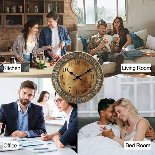 Wooden silent wall clock, antique brass pattern design, modern design, home decoration, living room dining room decoration - vue 6 sur 7