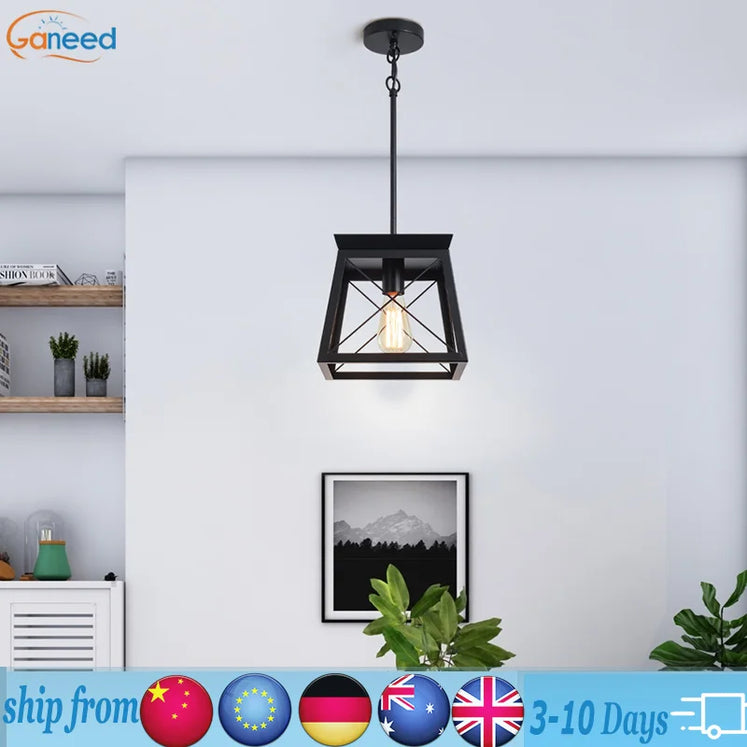 Ganeed farmhouse pendant light metal cage wooden finish 1-light rustic lantern adjustable height