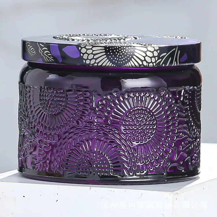 embossed glass candle jar with lid for aromatherapy - vue 10 sur 13
