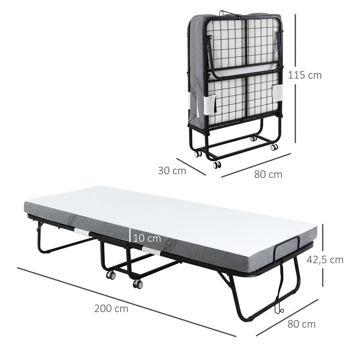HOMCOM folding bed 200x80x42,5 cm with single mattress wheels living room office - vue 6 sur 6