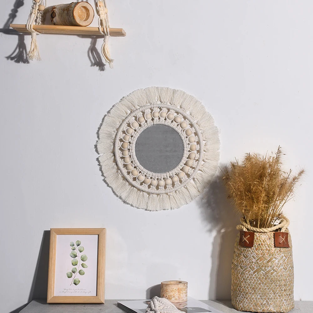 Boho-style macramé wall mirror for interior decoration - vue 7 sur 14