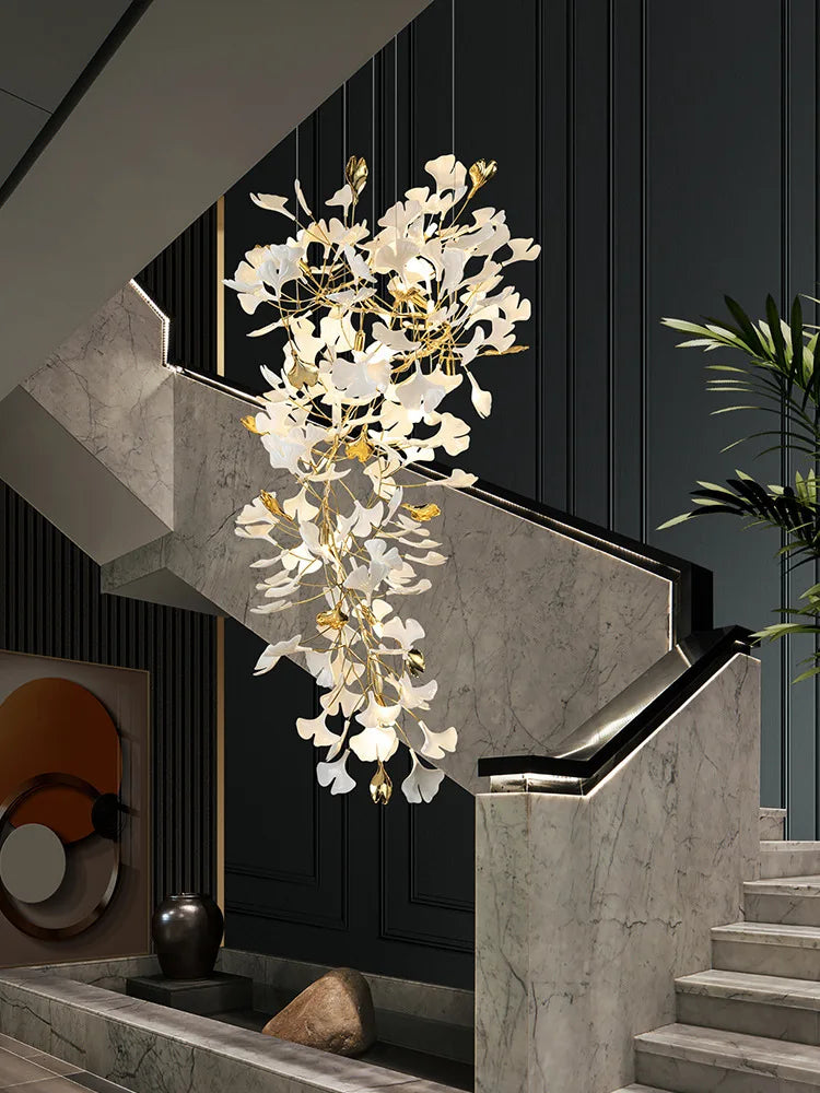 Ginkgo leaf long stairwell chandelier, atmospheric light, luxury villa, duplex, loft, hotel hall, creative art lamps