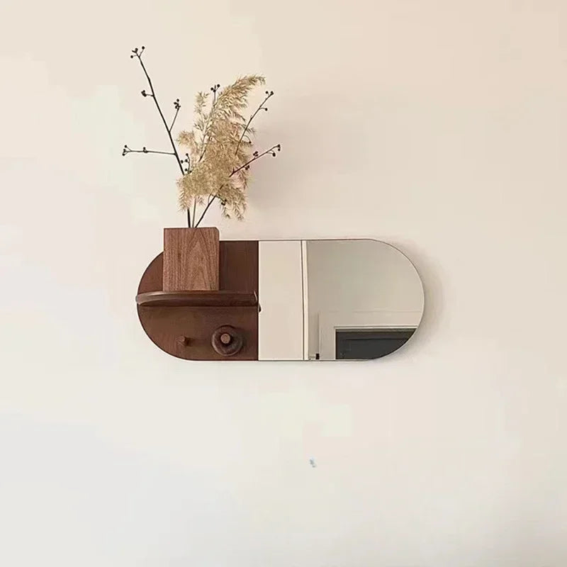 Creative oval wooden wall mirror with multifunctional design
