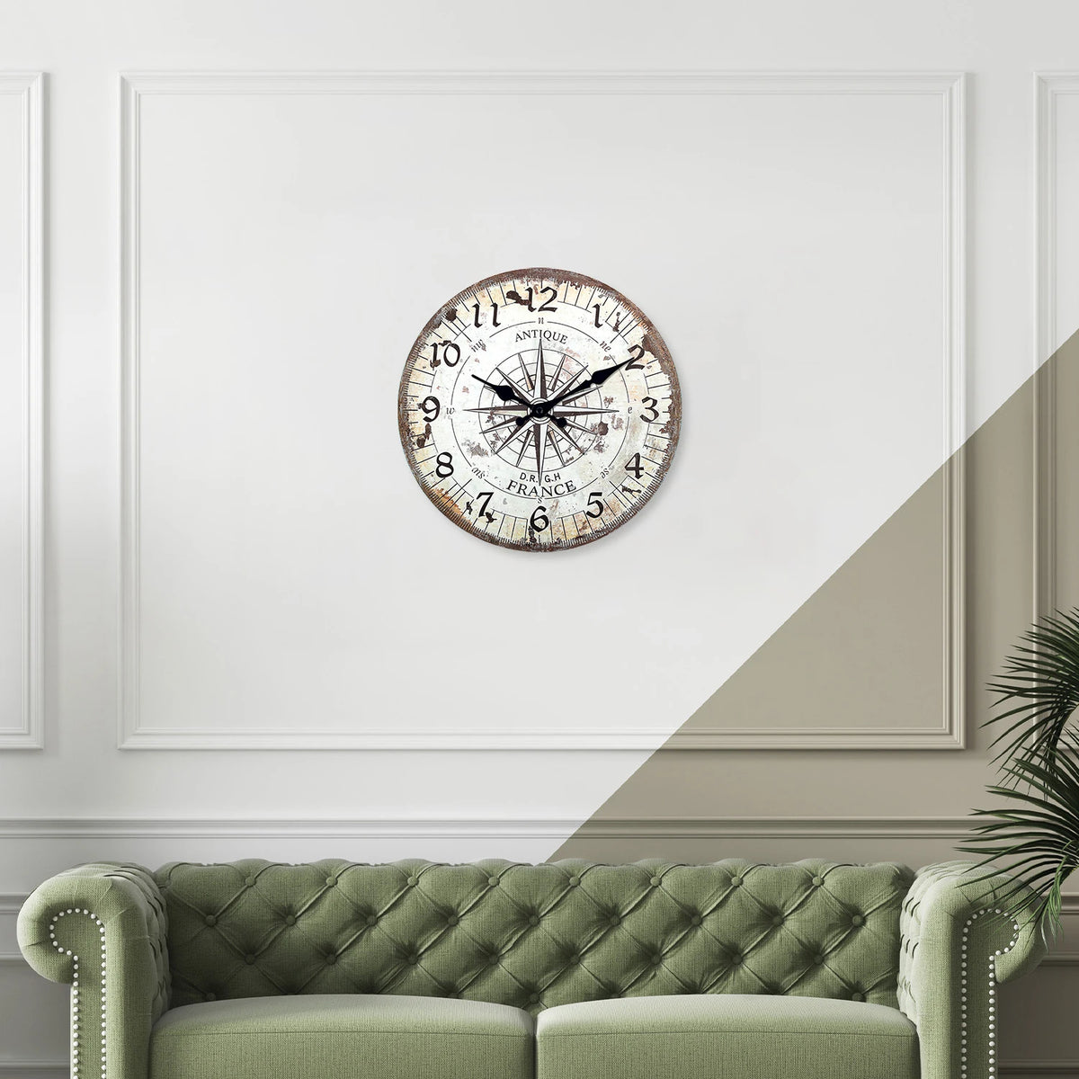 retro compass pattern wooden wall clock silent decoration - vue 5 sur 7