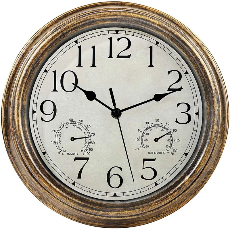 12inch Wall Clock,Retro Waterproof Clock with Displays Thermometer&amp;Hygrometer,Noise-Free Clock for Indoor/Outdoor