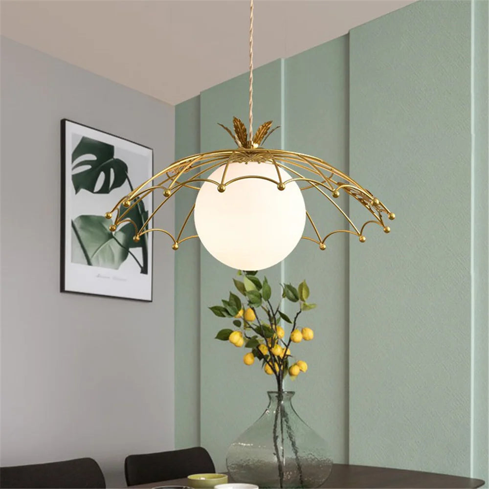 Nordic style glass LED pendant light with golden hat for decoration - vue 4 sur 6