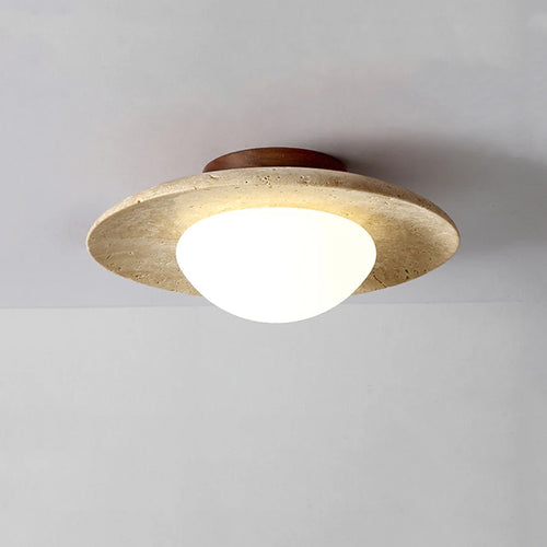 Wabi sabi travertine disc ceiling light for indoor and outdoor use