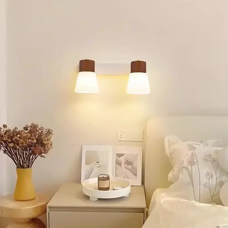 Nordic wooden LED double head glass wall light for bedroom, living room and dining room