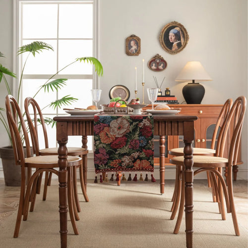 Jacquard green floral country table runner with tassels