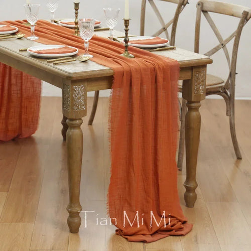 Vintage beige cotton gauze table runner for indoor and outdoor weddings