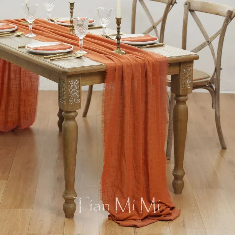Vintage beige cotton gauze table runner for indoor and outdoor weddings