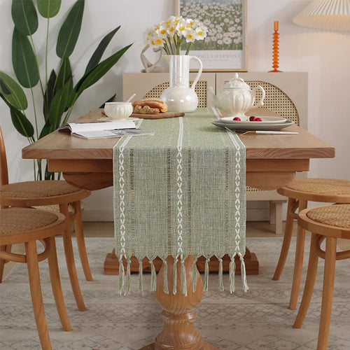 Embroidered bohemian table runner with woven tassels