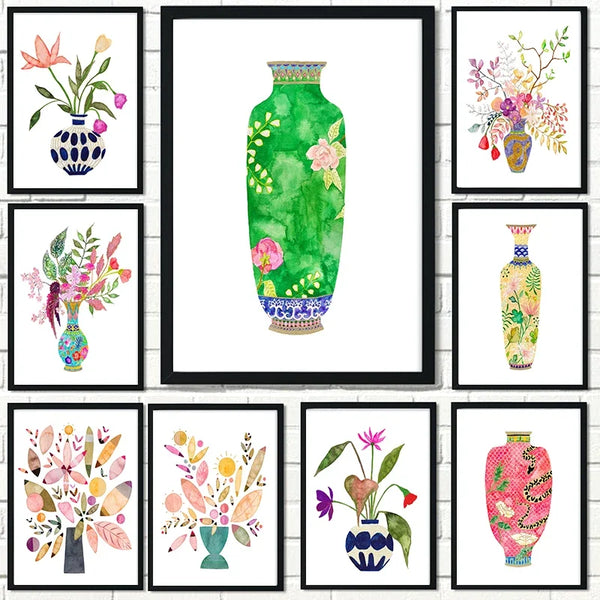Watercolour flower vase wall art for interior decoration