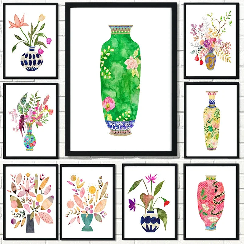 Nordic watercolour flower vase wall art for interior decoration - vue 2 sur 7