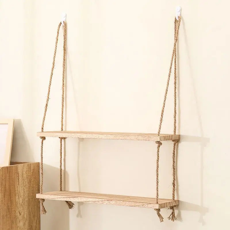 wooden wall shelf with hemp rope for modern decoration