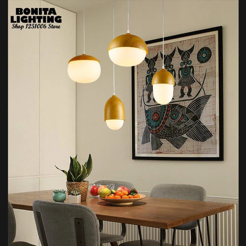 Modern glass and wood pendant light with mushroom design - vue 5 sur 8